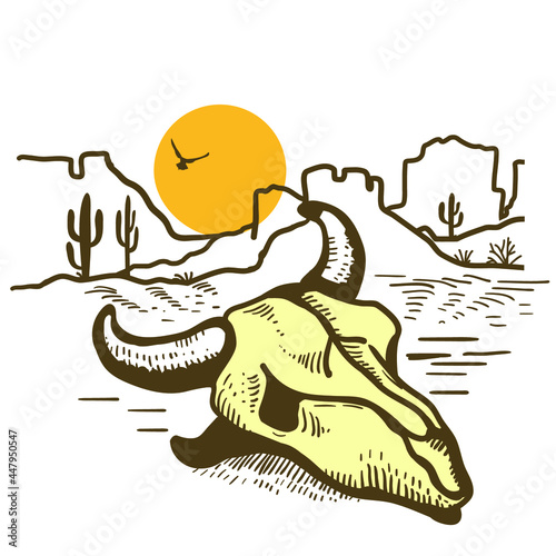 American desert landscape with Cactuses and bull skull. Arizona desert with yellow sun and cactuses silhouette. Vintage Westerrn symbol hand drawn color illustration isolated on white for design.