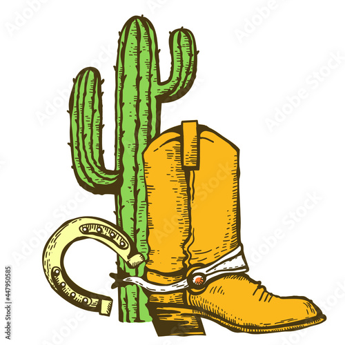 Cowboy boot, horseshoe and cactuses. Vintage Westerrn symbol hand drawn color illustration isolated on white. photo