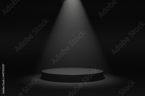 Simple blank luxury black gradient background with product display platform. Empty studio with circle podium pedestal on a black backdrop with volumetric light. 3D rendering