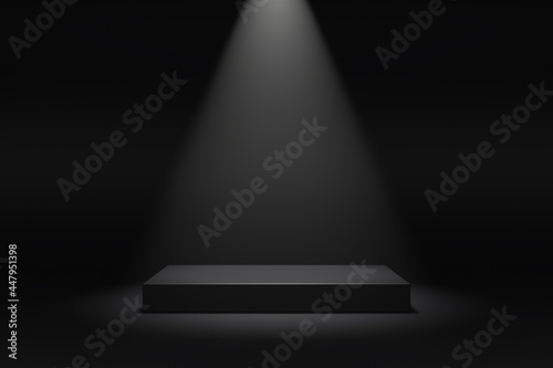 Simple blank luxury black gradient background with product display platform. Empty studio with rectangle podium pedestal on a black backdrop with volumetric light. 3D rendering