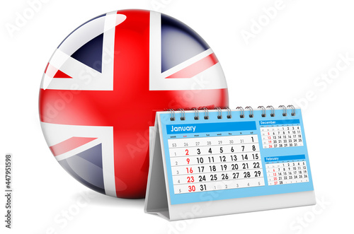 Desk calendar with British flag. 3D rendering