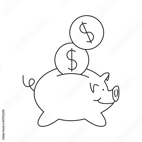 Свинья копилка.  Деньги контур.  Money outline. Pig piggy bank outline. Coins outline. Vector icon.