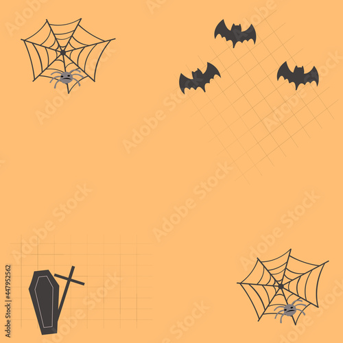 Halloween background.Texture of orange color with a cage.Attributes of the hellowen spider web with spider gob and cross, bats.Vector illustrator, notepad banner scrapbooking.