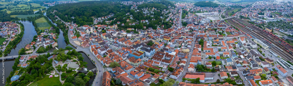 Aerial view of the city Schwandorf in Germany, Bavaria. on a sunny day in spring
