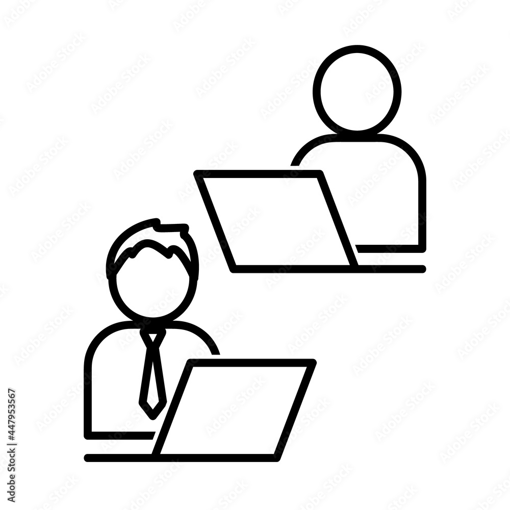 Remote work icon. Two man working in computer. Flat pictogram for web. Line stroke. Isolated on white background. Outline vector eps10. Online communication at home with staff Remote work icon. Two man working in computer. Flat pictogram for web. Line stroke. Isolated on white background. Outline vector eps10. Online communication at home with staff