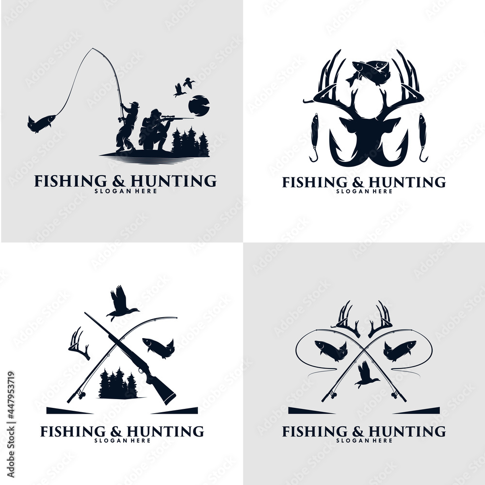 Set of Hunting and Fishing logo design Stock Vector