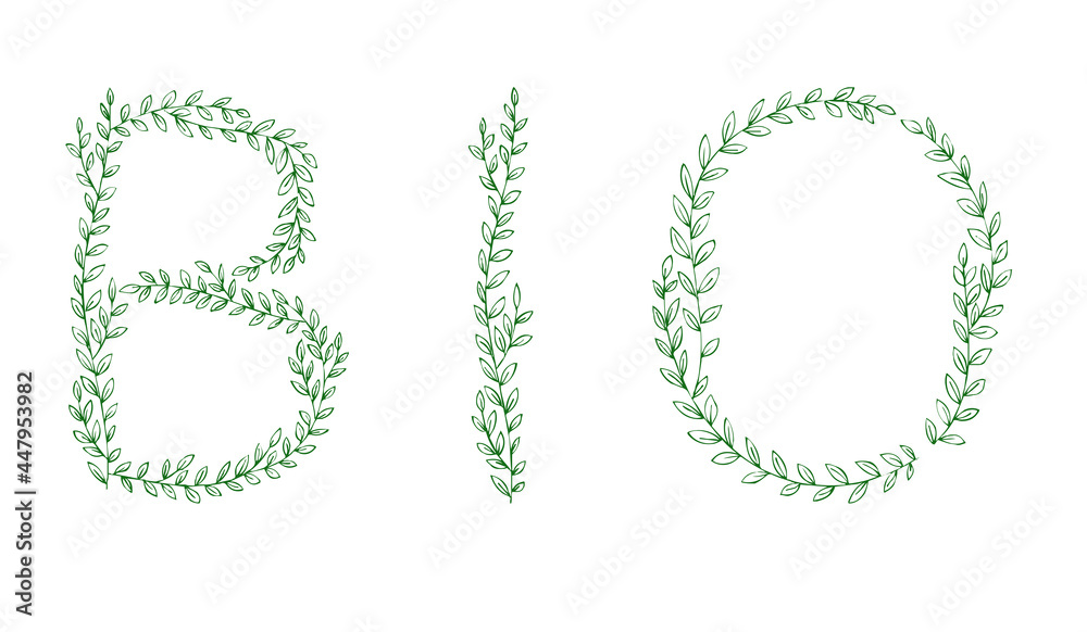 BIO lettering. Green tree branch letters. Alphabet abc font capital letters for logo design BIO lettering. Green tree branch letters. Alphabet abc font capital letters for logo design