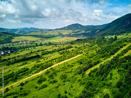 Beautiful aerial panoramic view of the Pieniny National Park, Poland in sunny day. Sokolica and Trzy Korony - English: Three Crowns (the summit of the Three Crowns Massif)