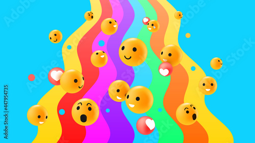 Diverse Emoticon Reactions on Bright Rainbow Background. Vector illustration