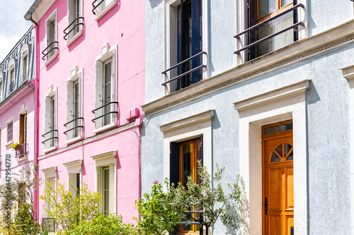Paris, colorful houses rue Cremieux, typical street 