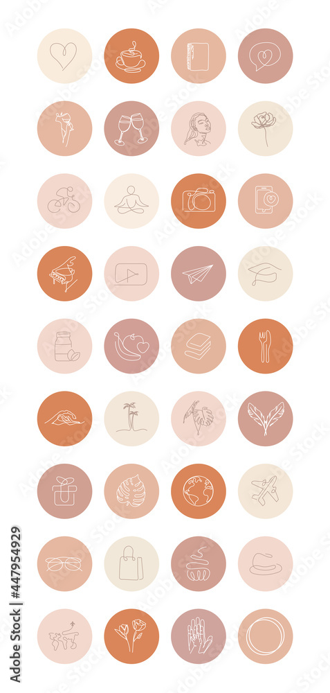 Instagram Highlight Cover Vector. Set of minimalist icons for Instagram highlight cover stories. Line Art Instagram Highlight Cover Icons Boho Highlight Covers Beige Neutral Instagram Stories
