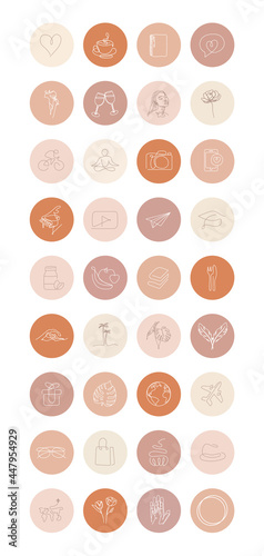 Instagram Highlight Cover Vector. Set of minimalist icons for Instagram highlight cover stories. Line Art Instagram Highlight Cover Icons Boho Highlight Covers Beige Neutral Instagram Stories
