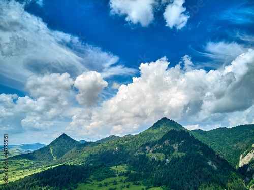 Beautiful aerial panoramic view of the Pieniny National Park, Poland in sunny day. Sokolica and Trzy Korony - English: Three Crowns (the summit of the Three Crowns Massif)