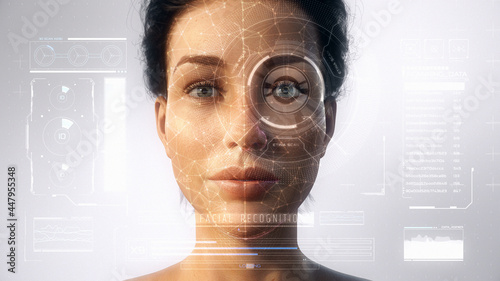 Futuristic and technological scanning of the face and retina of a beautiful woman avatar for facial recognition. Personal safety. Concept of: future, security, artificial intelligence. 3D Rendering.