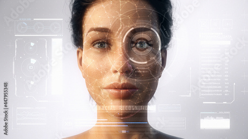Fotografie Futuristic and technological scanning of the face and retina of a beautiful woman avatar for facial recognition