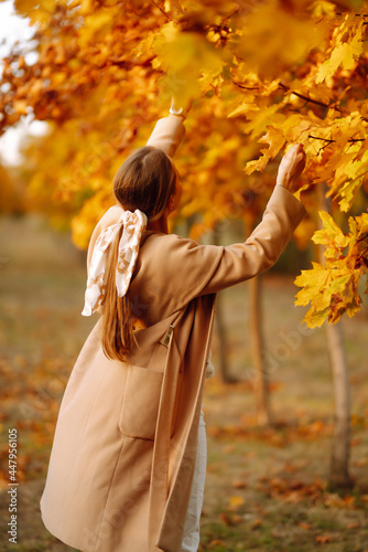 Young woman in park on sunny autumn day  smiling  having fun with leaves. Autumn fashion. Lifestyle. Relax  nature concept.