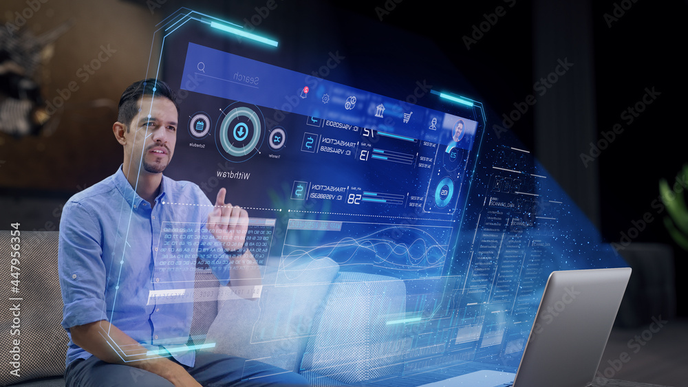 A man accesses his personal online banking platform on a futuristic holographic display using his fingers to touch a virtual display. Concept: Future and Technology A man accesses his personal online banking platform on a futuristic holographic display using his fingers to touch a virtual display. Concept: Future and Technology