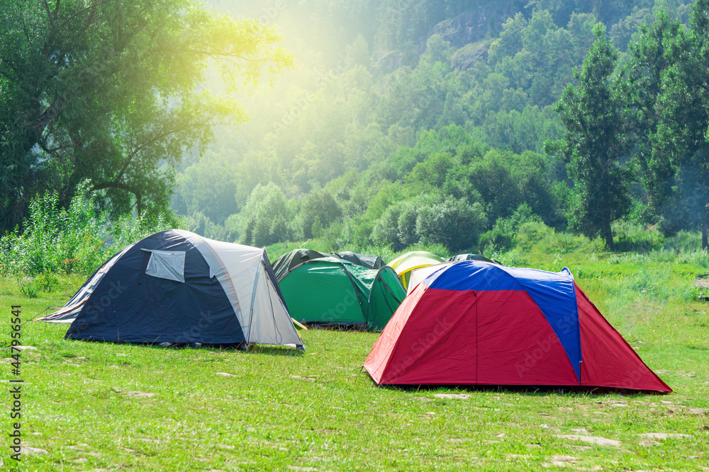 Tent camp on a green meadow in the mountains. The tents are on the grass, the sun is rising. Camping.