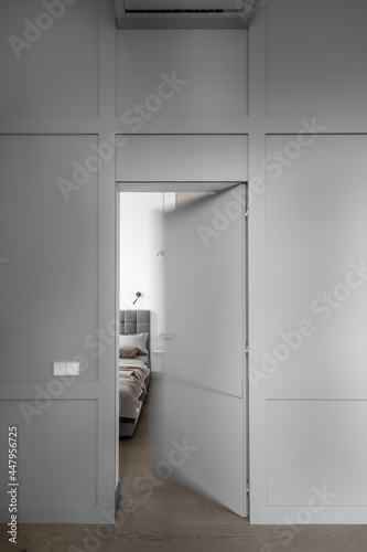 Modern Minimalism Style Bedroom Interior In Beige and grey Tones