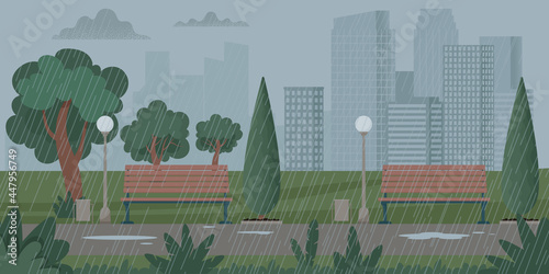 City landscape with rainy weather, thunderstorm. Rain in the park. Vector illustration in flat style