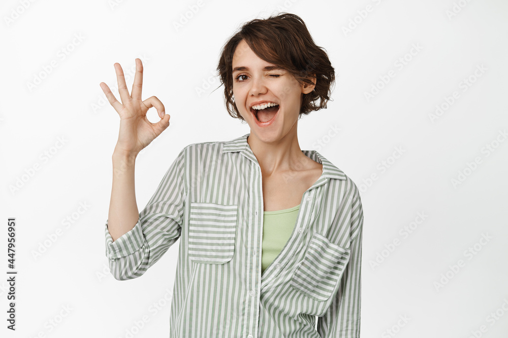 Cheerful brunette woman winking and smiling, showing okay OK sign, approve smth, praise and compliment your choice, standing over white background Cheerful brunette woman winking and smiling, showing okay OK sign, approve smth, praise and compliment your choice, standing over white background