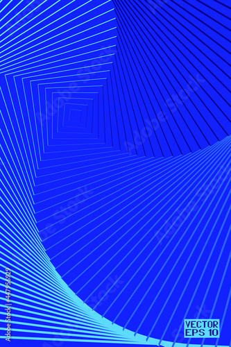 Abstract Blue and White Pattern with Stairs. Spiral Textured Tunnel. Geometric Psychedelic Background. Vector. 3D Illustration