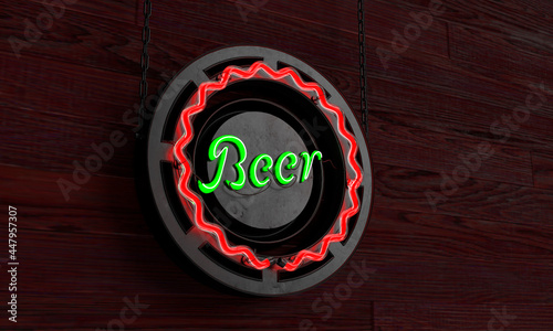 3D Neon beer text on wood paneling