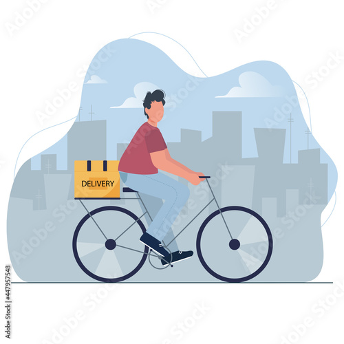 Courier on bicycle with parcel box. Express delivery service. Ecological fast transportation. Boy on bike delivering food in city.