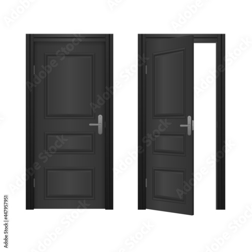 Open, closed front door of the house.