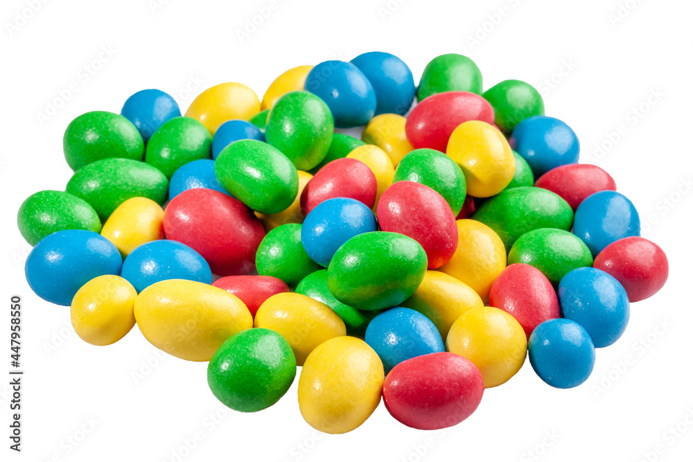 Pile of nuts in multicolored sugar glaze isolated on white Pile of nuts in multicolored sugar glaze isolated on white