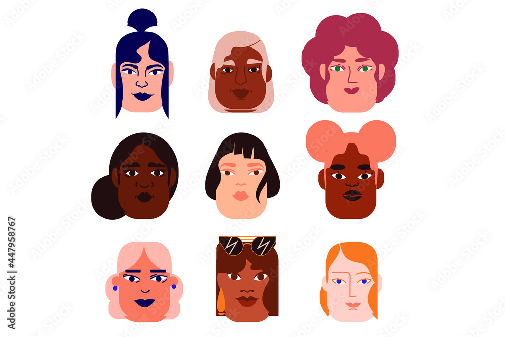 Set of diverse female faces. Different ages and race. Cartoonish character design. Nine personas. Equality, femininity. Colored flat vector illustration isolated on white background Set of diverse female faces. Different ages and race. Cartoonish character design. Nine personas. Equality, femininity. Colored flat vector illustration isolated on white background