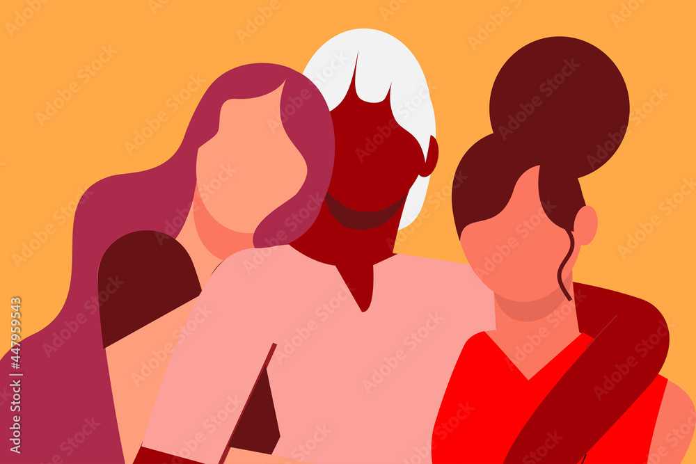 Three women of different ethnicity, colorful illustration. Diversity, friendship, closeness - obrazy, fototapety, plakaty 