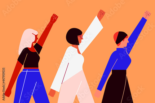 Three women of different ethnicity protesting. Women's rights. Me too movement. Vector illustration, flat design, women supporting women photo