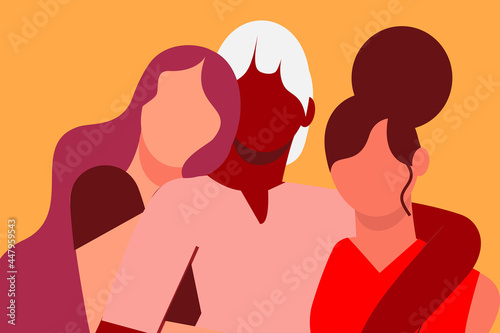 Three women of different ethnicity, colorful illustration. Diversity, friendship, closeness photo