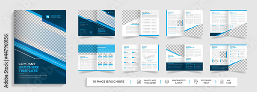 16 page Corporate modern bi fold brochure template and company profile with blue and black creative shapes annual report design ,Multipurpose editable template