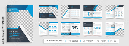 16 page Corporate modern bi fold brochure template and company profile with blue and black creative shapes annual report design ,Multipurpose editable template