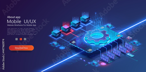 Digital Big data technology. Synchronizing personal information. Database neon storage, data encryption and protection. Information storage and analysis system. Vector stock illustration