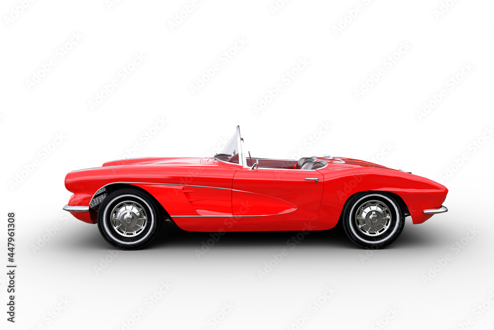 Side view 3D illustration of retro convertible red roadster car isolated on a white background. Stock Illustration | Stock