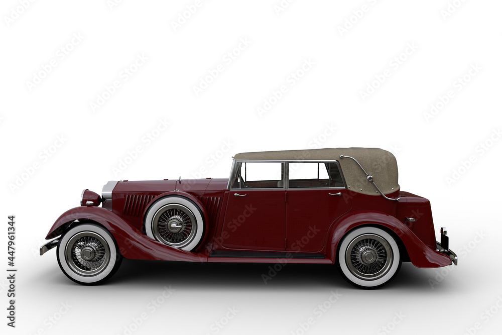 Side view 3D illustration of a large old red vintage car with soft top roof isolated on a white background.