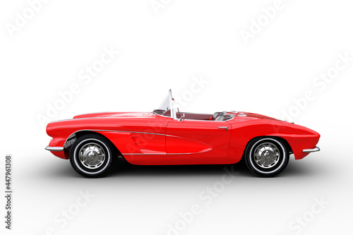 Side view 3D illustration of a retro convertible red roadster car isolated on a white background. photo