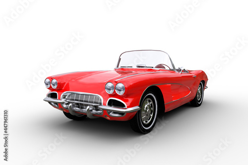 3D illustration of a retro convertible red roadster car isolated on a white background. photo