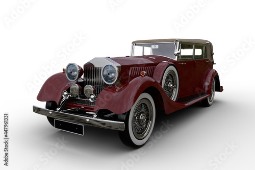 3D illustration of a large old red vintage car with soft top roof isolated on a white background.