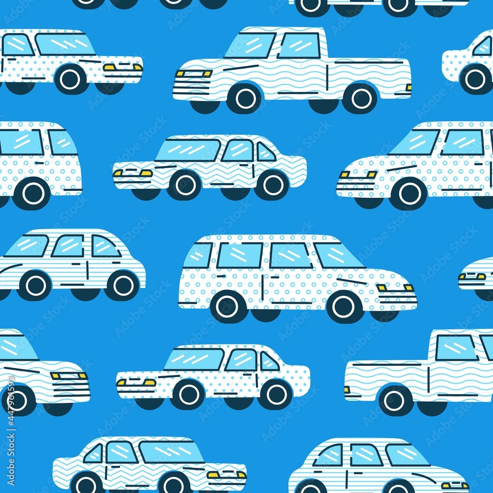 Seamless trendy pattern. A classic cars in white color with memphis pattern style on blue background. Design for use in textiles, fabrics, publications, gift wrap Vector illustration Seamless trendy pattern. A classic cars in white color with memphis pattern style on blue background. Design for use in textiles, fabrics, publications, gift wrap Vector illustration