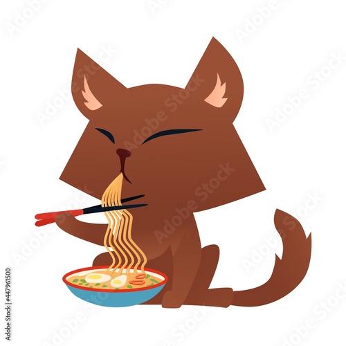Cartoon cat character eating ramen noodle with chopsticks