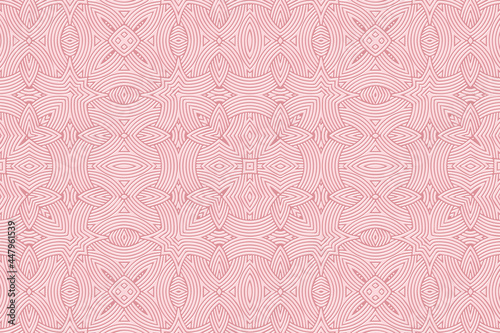 Geometric volumetric convex 3D pattern for wallpapers, presentations, websites, textiles. Embossed unique background in traditional oriental style. Pink floral texture with ethnic ornament.