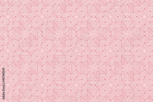 Geometric volumetric convex 3D pattern for wallpapers, presentations, websites, textiles. Embossed original background in traditional oriental style. Pink floral texture with ethnic ornament.