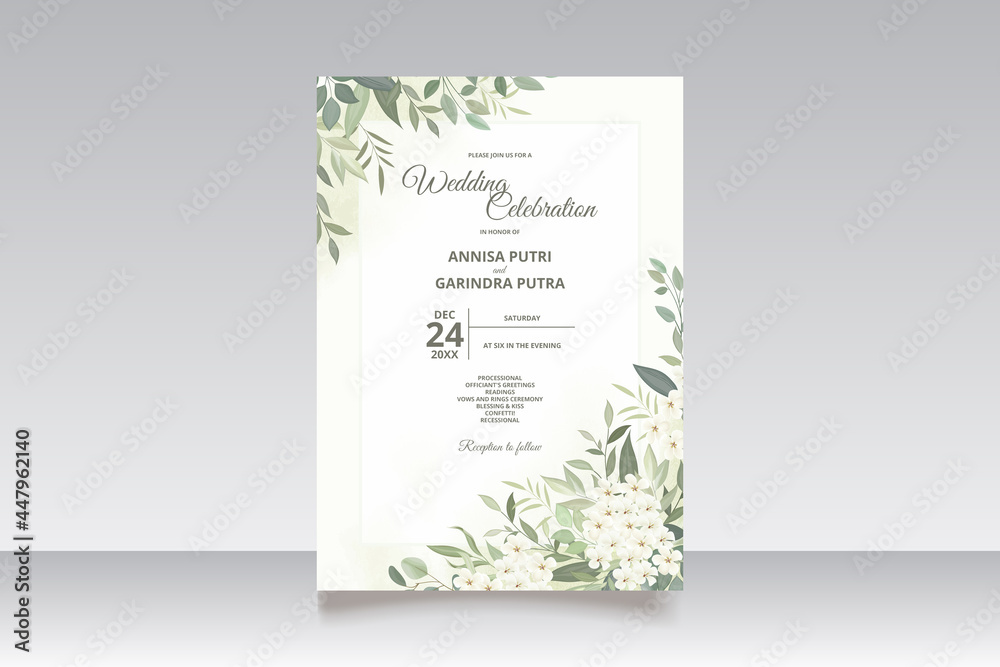  Wedding invitation card template set with beautiful white floral leaves Premium Vector