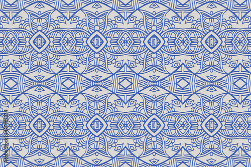 Geometric volumetric convex 3D pattern for wallpaper, websites, textiles. Embossed fashionable background in traditional oriental, Indian style. Blue texture with ethnic ornament. Handmade technique.