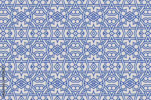 Geometric volumetric convex 3D pattern for wallpaper, websites, textiles. Embossed decorative background in traditional oriental, Indian style. Blue texture with ethnic ornament.