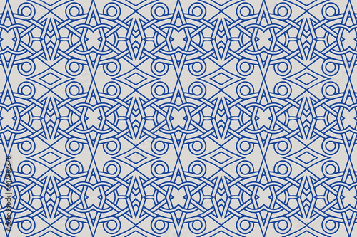 Geometric volumetric convex 3D pattern for wallpaper, websites, textiles. Embossed curly background in traditional oriental, Indian style. Blue texture with ethnic ornament. 
